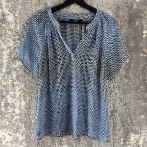 Ana A New Approach Size M Polka Dot V Neck Top Blue Short Sleeve Pullover